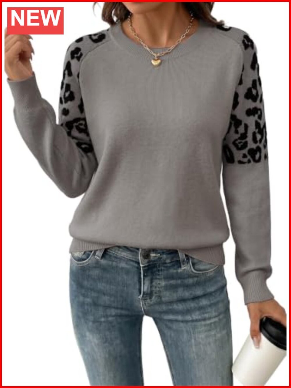 Raglan Sleeve Leopard Knit Pullover Sweater Loose Fit Fall Winter
